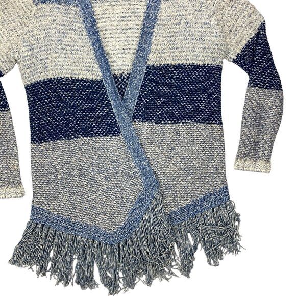 Lucky Brand Cardigan Women L Blue White Fringe Boho Tunic Fuzzy Cottage Sweater - Picture 5 of 16